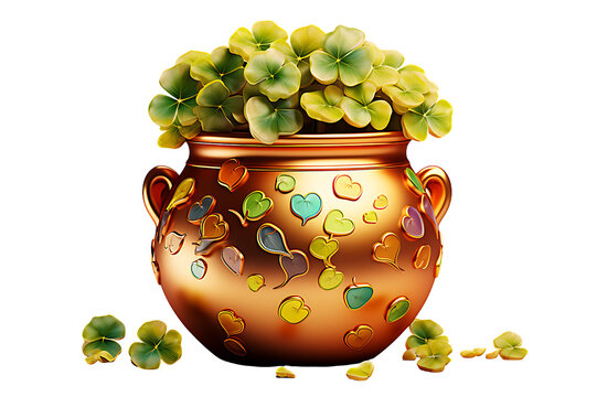 A pot full of gold coins and clovers on transparent background,AI generative.
