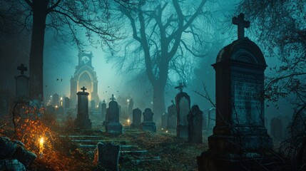 Tombstones can be seen against the background of darkness. The peaceful quiet nature of the night cemetery