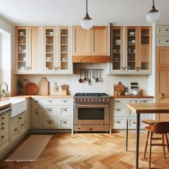 painted beige cabinets with wood, mid century modern kitchen, wall oven, built in stove and quartz backsplash
