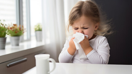 Ailing child sneezes into napkin, experiencing discomfort due to allergies.