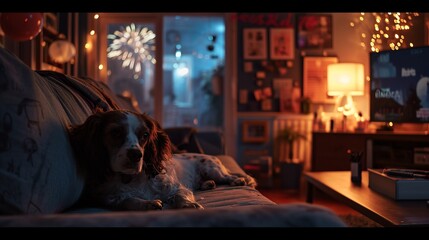 
A spaniel puppy crouches in the corner of the couch in the living room. fireworks can be seen in the background  - obrazy, fototapety, plakaty