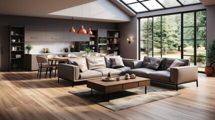 Grey bathroom with kitchen set and dining table,