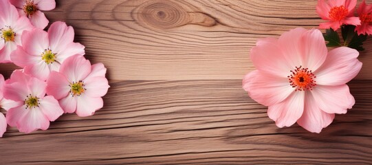 Naklejka na ściany i meble Pink flowers on wooden background. Top view with copy space.