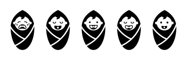 Cute baby in diaper with emotions icon. Black joyful and sleepy child wrapped in cocoon with pacifier upset and crying and laughing vector enthusiastically