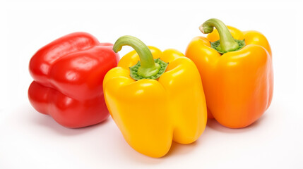 Three bell peppers, red, yellow and an orange one with white background. Generative AI