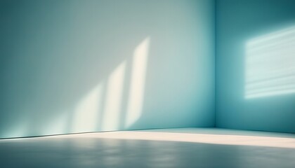Minimalist Empty Room with Light Blue Walls Illuminated by Natural Light Casting Shadows on White Floor