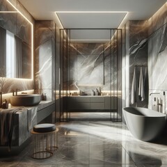 one of the bathrooms, which are part of this kitchen is marble, in the style of vray tracing, gray and brown, modern european ink painting