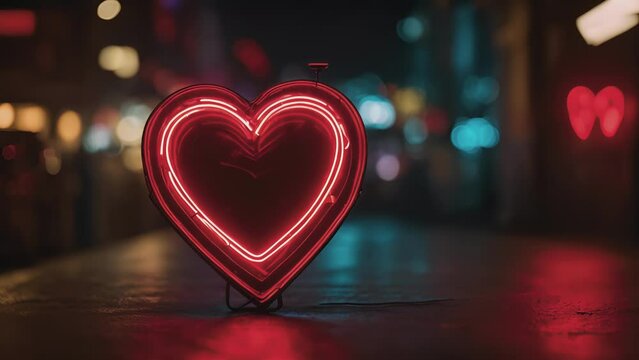 A neon heart sign in the shape of a glowing arrow, pointing towards a vibrant red heart illuminated against a dark backdrop. .
