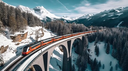 Aerial view of Train passing through famous mountain in Filisur, Switzerland. Landwasser Viaduct world heritage with train express in Swiss Alps snow winter scenery. 