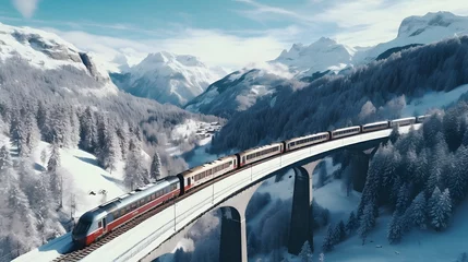 Foto op Plexiglas Landwasserviaduct Aerial view of Train passing through famous mountain in Filisur, Switzerland. Landwasser Viaduct world heritage with train express in Swiss Alps snow winter scenery. 