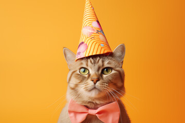 Cat Celebrating with a Party Hat and Bow Tie on a pastel orange background. Stylish, birthday party...