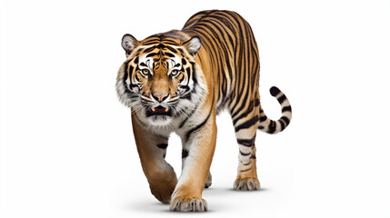Tiger prowling, approaching and looking at the camera, isolated. Generative AI
