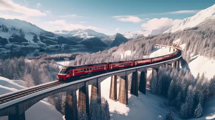 Printed roller blinds Landwasser Viaduct Aerial view of Train passing through famous mountain in Filisur, Switzerland. Landwasser Viaduct world heritage with train express in Swiss Alps snow winter scenery. 