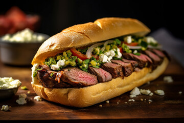 A close-up view of a Maxican-inspired torta sandwich served on a wooden board. (Generative AI)