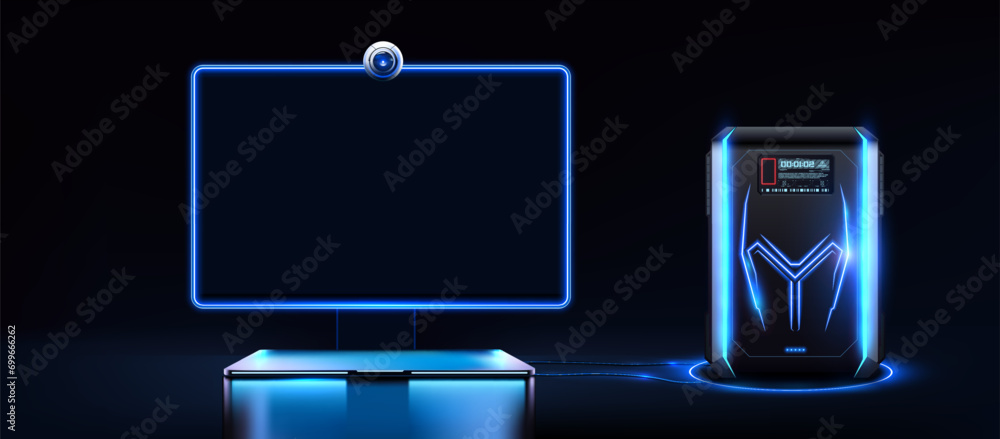 Poster sleek futuristic gaming setup with glowing blue neon lights and advanced pc tower. powerful pc or ga