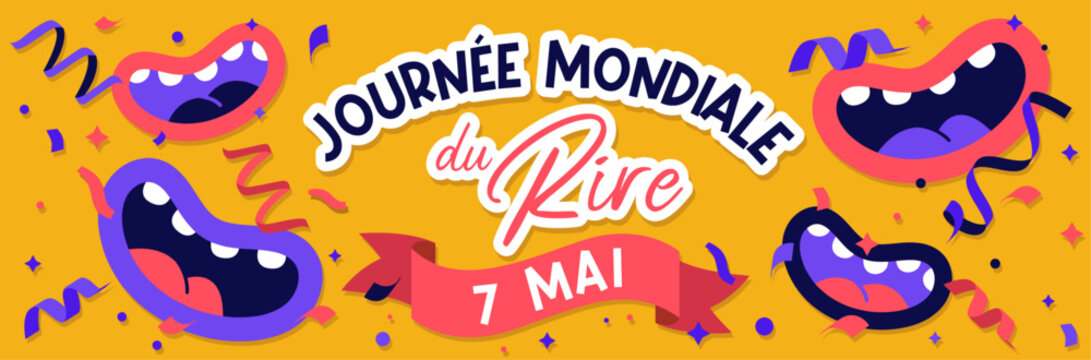 Journ&eacute;e mondiale du Rire - Banni&egrave;re festive et color&eacute;e pour c&eacute;l&eacute;brer la f&ecirc;te du rire - Illustrations positives de sourires, bouches souriantes et cotillons - F&ecirc;te, humour, joie, positivit&eacute; - 5 janvier