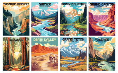 National Parks Vector Art Set: Mount Rainier, Denali, Crater Lake, Yellowstone, Hawaii Volcanoes, Wrangell St Elias, Acadia, Yosemite - obrazy, fototapety, plakaty