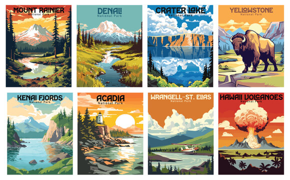 National Parks Vector Art Set - Mount Rainier, Denali, Crater Lake, Yellowstone, Hawaii Volcanoes, Wrangell-St. Elias, Acadia, Kenai Fjords