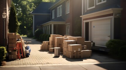 An open moving truck filled with cardboard boxes in the driveway of a suburban house