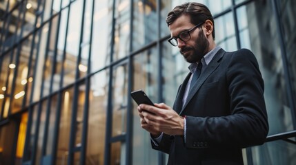 A man with a mobile phone in his hands in front of an office building. Modern connections and technologies in everyday activities