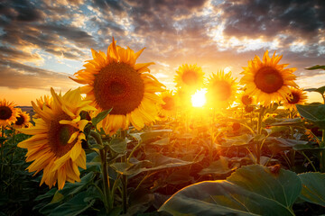 Fantastic field bright yellow sunflowers close up in the evening. Ukraine agricultural region,...