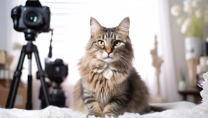 Cat with grey fur posing as influencer, high key shot, bright surroundings, camera on tripod blurred in the background
