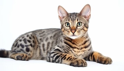 Portrait of a tabby cat with short fur, staring into the camera, white background, studio shot