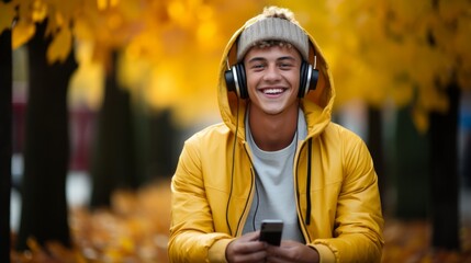 cheerful portrait of young man with over ear headphones, yellow jacket, autumn background