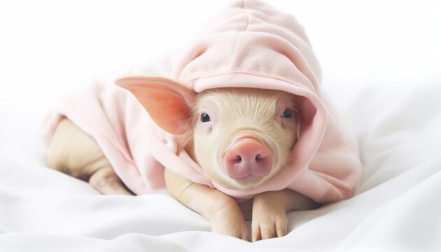Mini pig as influencer, pink blanket around the body, face peeking out, high key, white background, studio