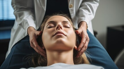 Woman lies eyes closed, doctor behind her head, scans her sides