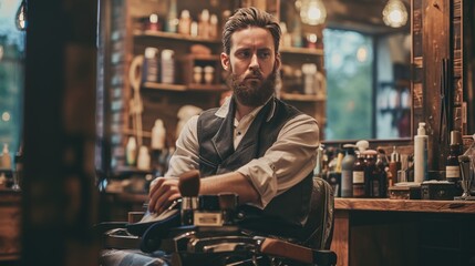 Fototapeta na wymiar Handsome man in vintage barber shop