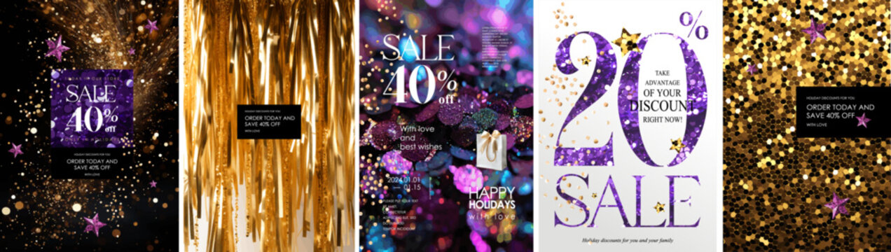 Sale! Holiday shopping and discounts. Vector illustration of festive glittery sequin backgrounds, gold foil, purple glitter stars and sparkling pattern for poster, flyer or card