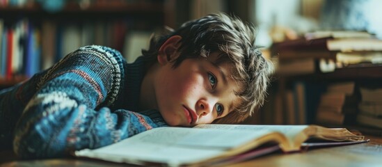 Fatigued and overwhelmed, the young boy is done with reading and homework. - obrazy, fototapety, plakaty
