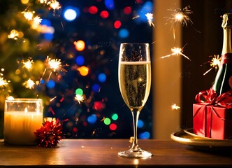 a glass of champagne and fireworks for the New Year