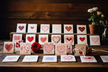 Naklejka na ściany i meble Handcrafted Valentine's cards displayed on wooden shelf