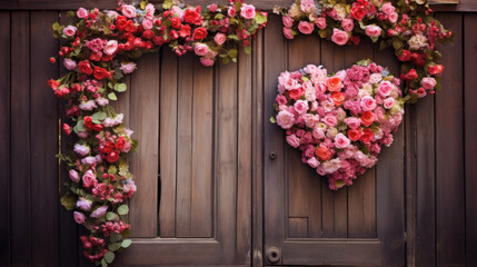 Fototapeta na wymiar Heart-shaped floral wreath on dark wooden door background