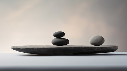 pebbles balancing on black plank on round stone with shade and placed on rock on white surface against gray wall in day. Ai generated image