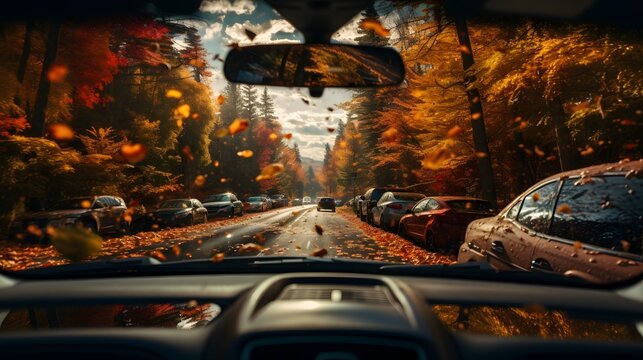 Autumn traffic jams on the road seen through the car windshield