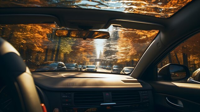 Autumn traffic jams on the road seen through the car windshield