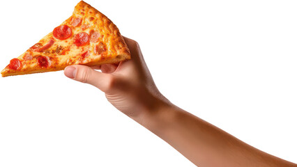 Hand holding delicious slice of pepperoni, cheese, salami, PNG, Transparent, isolate.