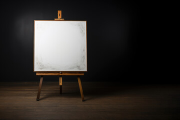 Wooden easel with blank canvas mockup. Copy space for text