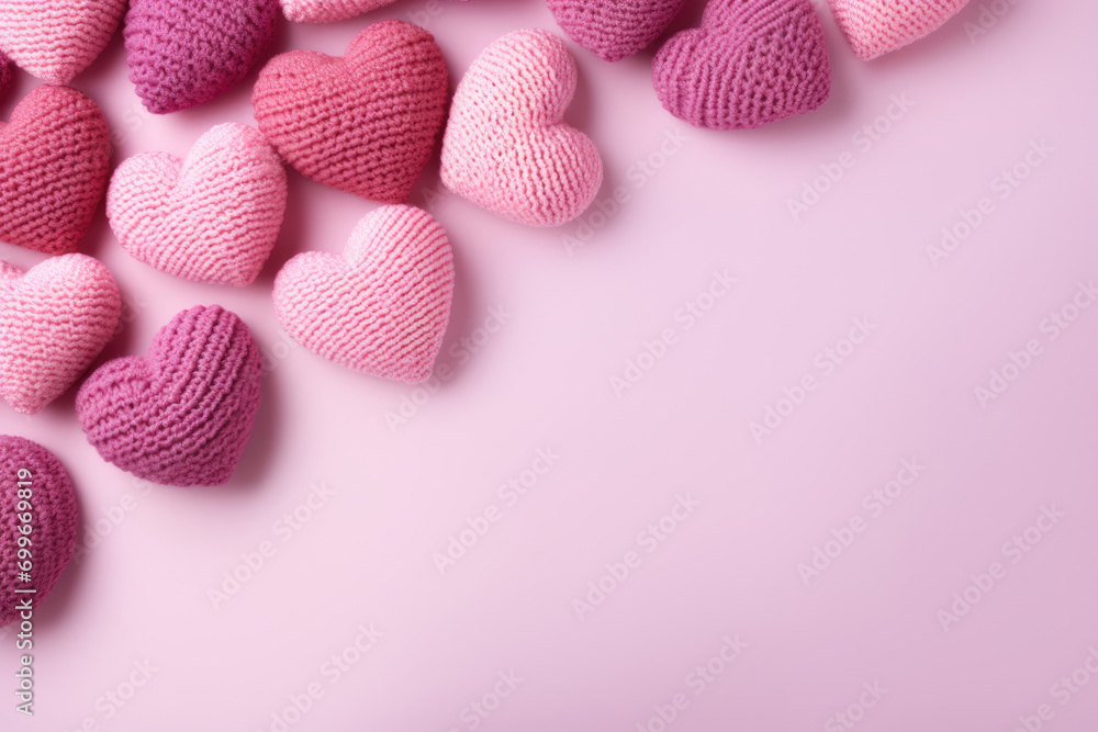 Poster knitted hearts from threads, frame, background for a greeting card. copy space for text