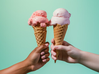 Hands holding melting ice cream waffle cone in hands, cone of bright, tasty, refreshing, colorful, Photo Studio light. - Powered by Adobe