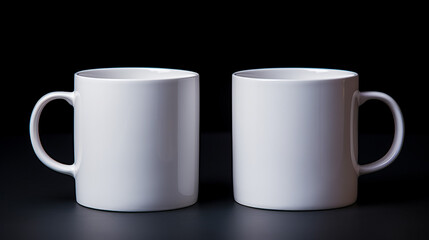 photo two white mugs on black background