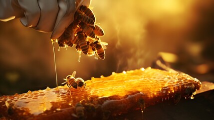 Beekeeper collecting honey by opening wax cells copy space image - obrazy, fototapety, plakaty