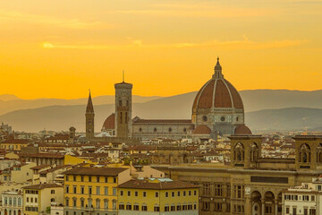 view of the city duomo, Cathedral of Santa Maria del Fiore at sunset, Florence, Italy, Middle age town view