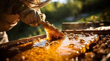 Beekeeper collecting honey by opening wax cells copy space image
