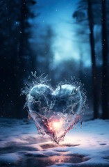Frozen heart glowing with warm light in snow. Valentines Day - obrazy, fototapety, plakaty