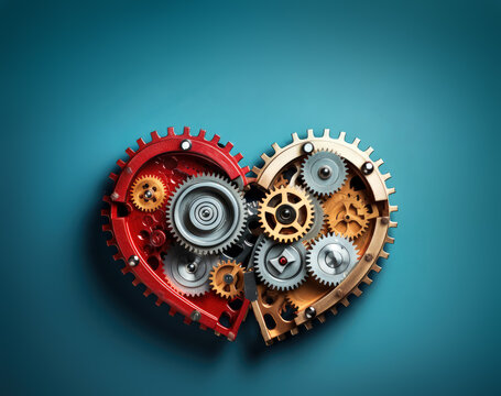 Mechanical heart with gears and cog wheels symbolizing love engineering