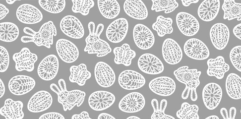 Easter background. Color egg, bunny rabbit, star. Paper cut style Easter symbol. Egg hunt. Egg banner,wallpaper. Color gingerbread cookies papercut. Happy Easter day backdrop.